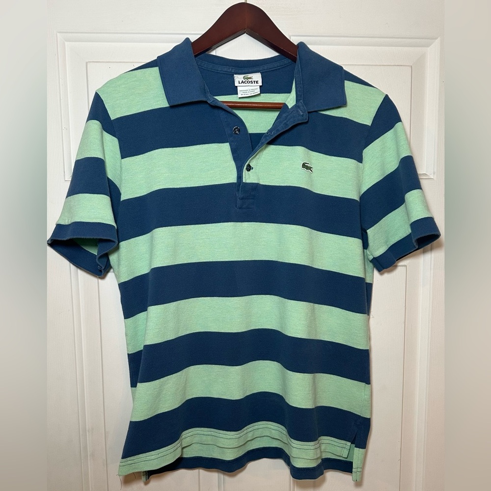 VTG 90s Y2K Lacoste Sport Boys Polo Shirt Top Green & Blue Stripes Sz 5.